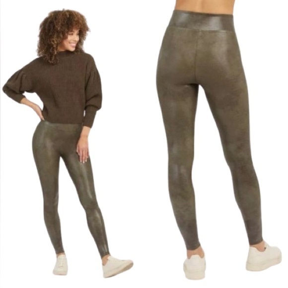 🆕 NWT SPANX Faux Leather Croc Shine Leggings - 20303R - Darkened Olive - Large - Picture 1 of 5